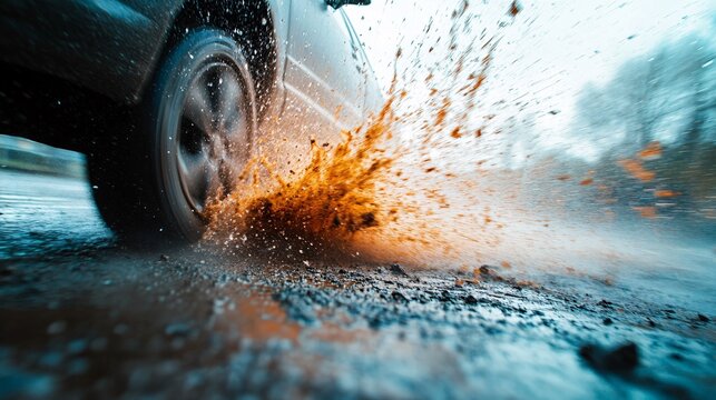 82.Side view of a car hitting a water-filled pothole, splashing water high into the air, with blurred motion capturing the speed and energy.