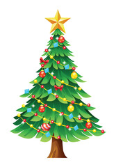 Christmas tree adorned with colorful ornaments and star. Vector cartoon illustration