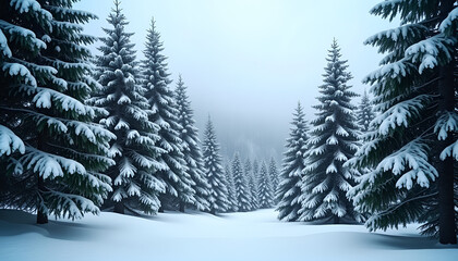 Obraz premium Snowy fir trees in a serene winter forest landscape with a foggy atmosphere