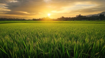Fototapeta premium 123.Expansive view of a lush green paddy field bathed in the golden light of sunset, rain clouds in the distance, with glistening raindrops adding a fresh, serene feel to the agricultural landscape.