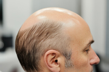 Fototapeta premium A bald man with a shaved head sits in a barber chair
