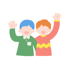 横に並んで手を振るこどもの仲良しペア[男性]のフラットなイラスト
