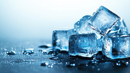 A pile of ice cubes on a counter. The ice cubes are blue and are scattered around the counter