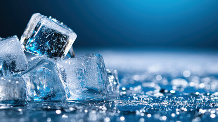 A pile of ice cubes on a blue surface. The ice cubes are scattered and some are larger than others
