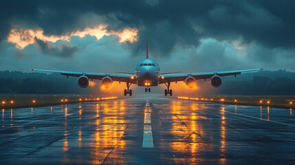 passenger plane taking off from an airport runway, powerful engines and sense of freedom