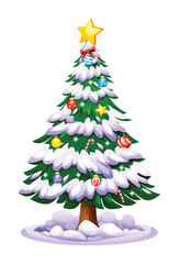 Snowy Christmas tree decorated with red bows, candy canes, and a golden star. Vector cartoon illustration