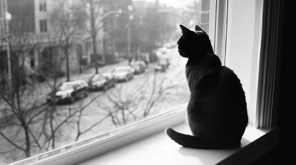 Lonely Cat at the Window: Pets Longing for Their Owners to Come Back Home, Depressed Pet