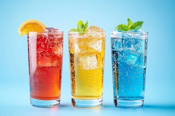  three colorful glasses of beverages, each topped with ice cubes and garnished with mint leaves or a citrus slice. The drinks giving a refreshing and vibrant summer vibe