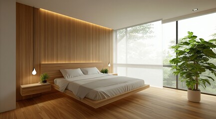 Fototapeta premium Modern Minimalist Bedroom Interior Design with Wood Wall and Floating Bed