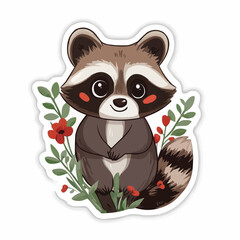 Fototapeta premium Cute Kawaii Raccoon Sticker - Adorable Anime Character with Flowers