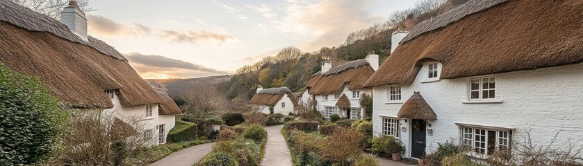 Fototapeta premium Scenic view of thatched-roof cottages in a tranquil setting during sunset.