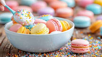Fototapeta premium Colorful macarons in a bowl. French macaroon cookies with colorful sprinkle topping on wooden table.