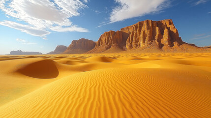 Naklejka premium vast desert with rolling sand dunes, golden hues and endless horizons, quiet and majestic atmosphere