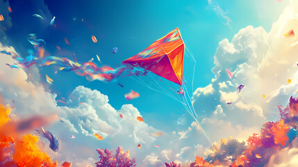 A playful photograph of a colorful kite soaring joyfully in the bright sky, capturing the dynamic and carefree spirit of the moment. Wind Spirit. Illustration