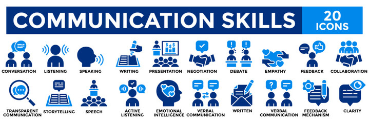 Communication skills icon collection set.Containing conversation,negotiation,speech,presentation,debate icon.Simple flat vector illustration.