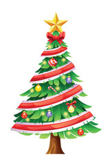 Christmas tree with red ribbons, star topper, and ornaments. Vector cartoon illustration