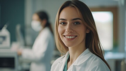 Fototapeta premium Beautiful young woman doctor in a medical office, warmly smiling at the camera, with a colleague visible in the background
