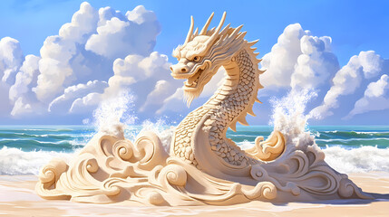 Fototapeta premium A sand sculpture of a chinese dragon on the beach, with waves in front and a blue sky behind it. Sand Dragon. Illustration