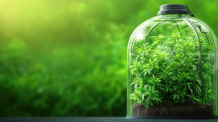 A small, lush green plant growing inside a glass terrarium, illuminated by soft lighting, surrounded by a vibrant green background.