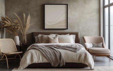 Elegant mockup of an abstract art piece in dark beige and white on canvas, framed in black