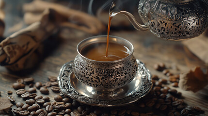 Traditional Middle Eastern Coffee Being Poured into Ornate Cup with Coffee Beans Scattered Around