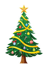 Christmas tree decorated with golden ribbons, ornaments, and a star. Vector cartoon illustration
