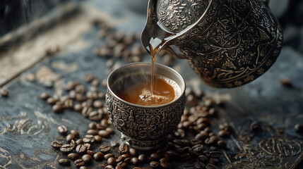 Traditional Middle Eastern Coffee Being Poured into Ornate Cup with Coffee Beans Scattered Around