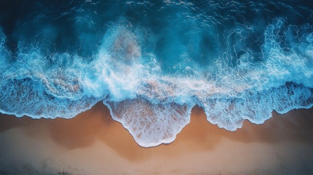 Aerial view of sea waves on beach sand