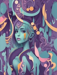 A woman with teal skin and intricate designs looks directly at the viewer, surrounded by swirling abstract patterns and shapes. The composition uses vibrant colors like purple, teal, and peach