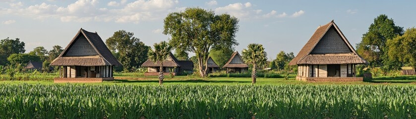 Obraz premium A serene landscape featuring traditional houses surrounded by greenery and crops.