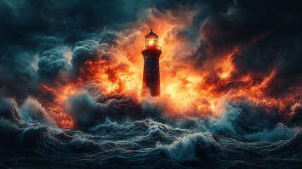 Fototapeta premium The lighthouse was hit by a storm with huge waves