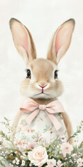 Obraz premium Adorable bunny with pink bow surrounded by delicate flowers in watercolor style