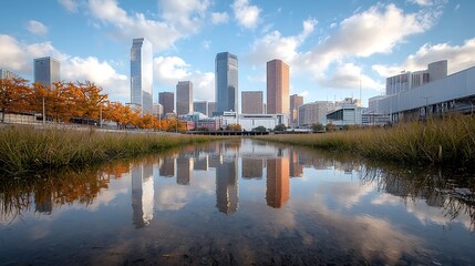 Obraz premium Explore the urban beauty of houston reflected in a serene water landscape