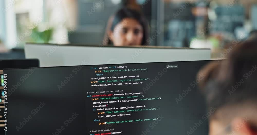 Fototapete Computer, monitor and business person coding software for app development in creative startup office. Screen, programmer and closeup of engineer working on ui design, database or upgrade ai algorithm