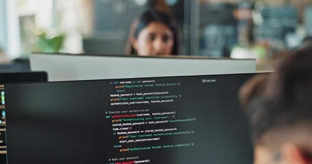 Computer, monitor and business person coding software for app development in creative startup office. Screen, programmer and closeup of engineer working on ui design, database or upgrade ai algorithm