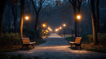 Naklejka premium A pathway lined with benches and lampposts winds through a dark forest. The path is lit by the warm glow of the lamps, casting long shadows on the trees.