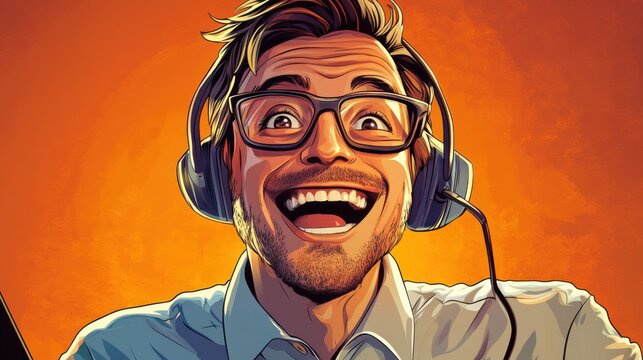 Enthusiastic customer service representative at work, royalty-free, suitable for commercial and branding usage