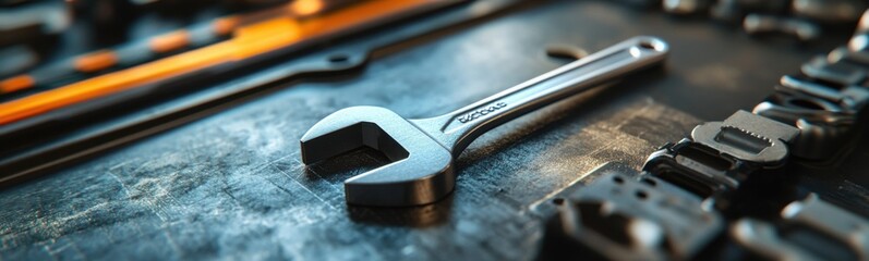 Many wrenches on the table with a keyboard in the background