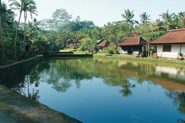 Serene landscape featuring tranquil water, lush greenery, and traditional houses.