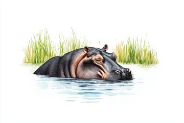 A hippo partially submerged in water amidst lush green grass, showcasing its large body and playful demeanor.