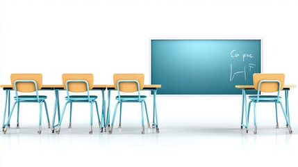 Fototapeta premium Charming illustration of a flat design classroom with desks and chalkboard, emphasizing learning environments, ideal for educational graphics, set against a clean white backdrop