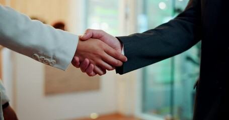 Business people, meeting and handshake in hotel for networking, introduction and welcome or collaboration. Conference, seminar and employee for client shaking hands for deal, partnership or agreement