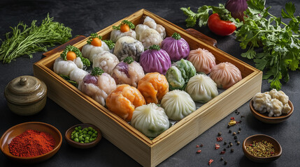 Assorted Colorful Steamed Dumplings in a Bowl with Spices and Fresh Garnish