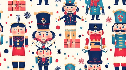 Fototapeta premium A festive pattern featuring Nutcracker characters with decorated uniforms, toy soldiers, and playful holiday gifts.