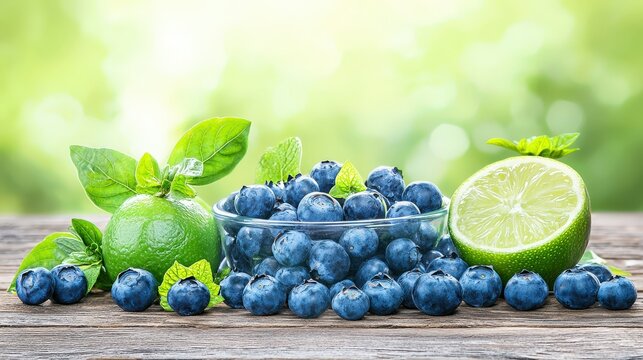 A stylish arrangement of blueberry salsa with fresh ingredients displayed on a rustic wooden table, inviting guests to enjoy.