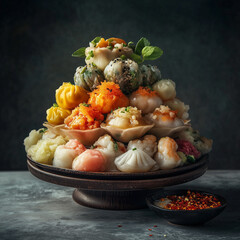 Assorted Colorful Steamed Dumplings in a Bowl with Spices and Fresh Garnish