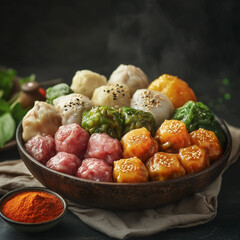 Assorted Colorful Steamed Dumplings in a Bowl with Spices and Fresh Garnish