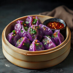 Delicious Purple Dumplings in a Bowl with Spicy Dipping Sauce on a Dark Background