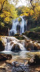 Obraz premium majestic waterfall cascading down a mountain in a tropical paradise, Close up photo of nature waterfall