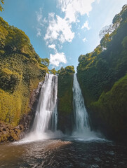 Fototapeta premium majestic waterfall cascading down a mountain in a tropical paradise, Close up photo of nature waterfall